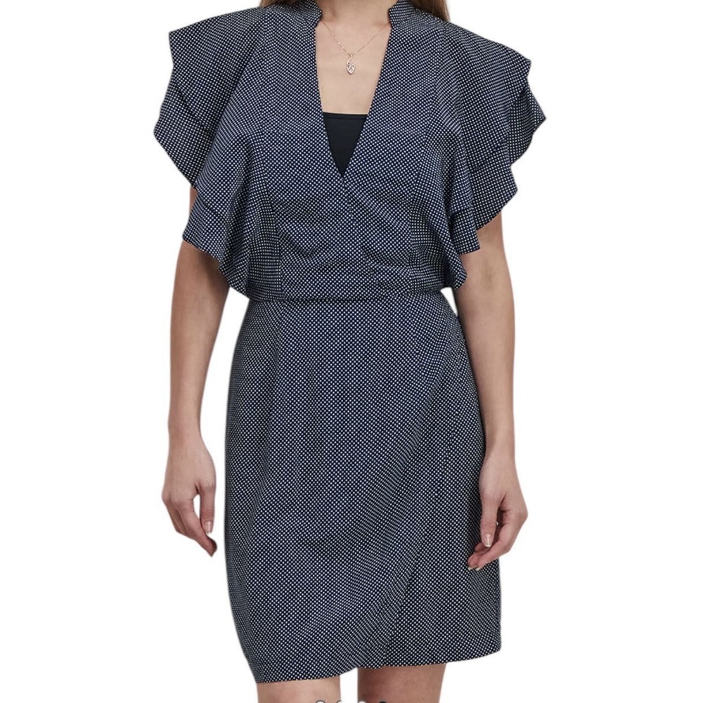 Avec Les Filles Dress Womens XS Polka Dot Ruffle Sleeve Faux Wrap Formal New